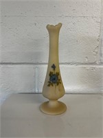 Fenton Custard Satin Hand Painted Blue Bud Vase