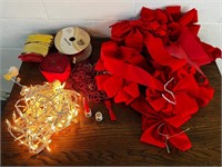 Lot of red velvet bows, Christmas lights beads &….