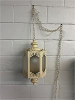Mid Century 6 Panel Ornate Metal Hanging Swag Lamp