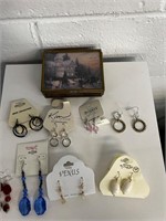 Small trinket box and pierced earrings lot