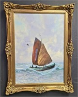 Vintage Sailing Boat at Sea Oil on Canvas Painting