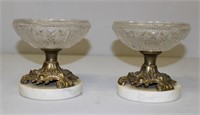 pair vintage marble and metal base glass ashtrays