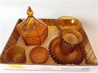 (5) PCS OF AMBER GLASS-CANDLE HOLDERS