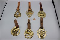 6 Vtg. Horse Brasses/Medallions on Leather