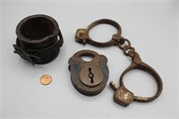 Antique Handcuffs, Lock & Leather Cuff