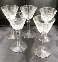 (5) Vtg Cut/Etched Glass Wine Glass