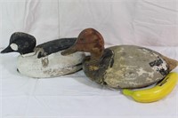 2 Hand-Carved Old Wooden Duck Decoys -1 Signed JC