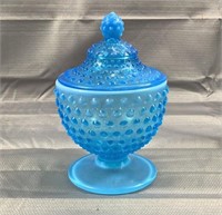 7" Blue opalescent hobnail glass candy jar