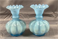 (2) 5" Blue Opalescent colored glass vases