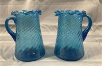 (2) 5" hand blown blue colored glass pictures