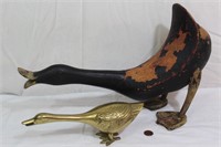 Pr. Distressed Wooden Goose + Brass Goose