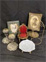 VANITY JEWELRY BOWL, CANDLESTICKS, PICTURE FRAME