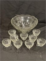 CUT GLASS PUNCH BOWL AND CUPS