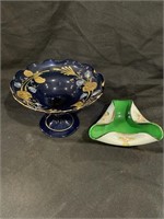 ANTIQUE COBALT AND GOLD COMPOTE AND FOLDED DISH