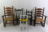 5 Vintage Doll Wood/Rush Rocking Chairs
