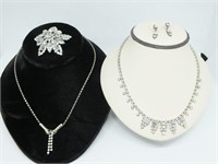 RHINESTONE NECKLACES, BROOCH, AND EARRINGS