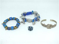 COSTUME BLUE AND SILVER BRACELETS AND RING