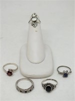 5 STERLING SILVER RINGS W STONES