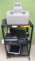 Rolling AV cart with contents that includes