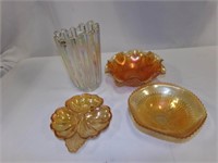 Carnival/Iridescent Glass Vase, Bowls (4)