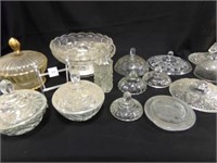 Clear Glass Bowls, Cruet, Lids (2 boxes)