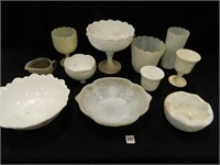 White Glass Vases; Bowls; Hobnail Cream Pitcher