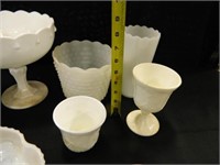 White Glass Vases; Bowls; Hobnail Cream Pitcher