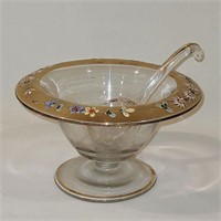 Vtg Glass Mayonnaise Bowl w/ Ladle - Gold