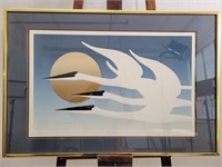 Vintage Woodblock Print "Cranes in Flights" Signed