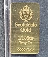 Scottsdale Gold 1/100th Troy Oz .9999 Gold Bar
