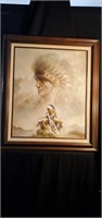 Indian Chief painting signed Y. Poul 26" × 30"