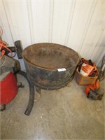 CAST IRON KETTLE & STAND HAS HOLES USED FOR FLOWER