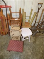 5 OLD STOOLS AND FLOWER STAND
