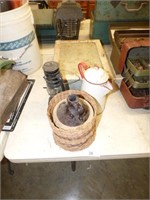 COFFEE POT, CROCK JUG, LANTERN & MEDICINE CABINET