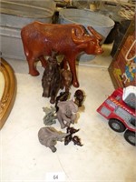 ELEPHANT FIGURINES & WATER BUFFALO WOOD FIGURINE