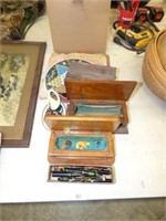 OLD INK PENS, WOOD BOXES, & CHINESE CHECKER SET