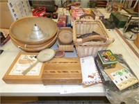 WOOD BOWL, BASKETS, AND STAMP COLLECTION