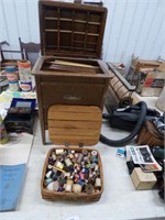 BASKET OF THREAD & WOOD SEWING CABINET