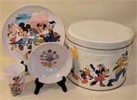 Vtg Walt Disney Melmac Dish Set & Popcorn Tin