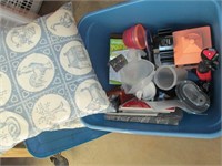 blue tote kitchen items and pillow