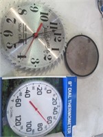 saw clock, thermometer