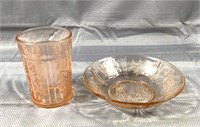 Depression Federal Cabbage Rose Glass Bowl & Cup