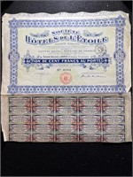 Beautiful old French Hotel stock/bond certificate