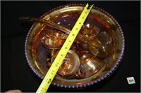 Orange Luster Carnival Glass punch Bowl w/12 Cups
