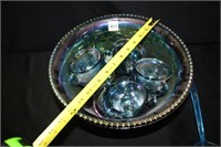 Blue Carnival Glass Punch Bowl w/12 Cups, hooks