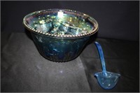 Blue Carnival Glass Punch Bowl w/12 Cups, hooks