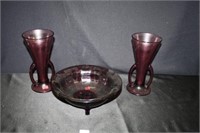 Purple Glass Footed bowl and 2 Vases