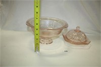 Pink Glass Pedestal bowl; Covered Butter Plate