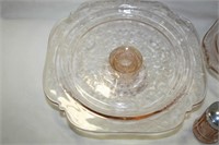 Pink Glass Cake Plate on Pedestal; Oval Bowl 12" l