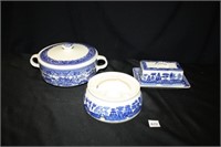 Blue/White Butter Dish; Bowl w/lid and Handles